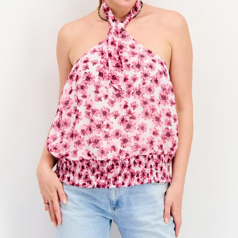 FLAW INC International Concepts Pink Floral Crinkle Chiffon Halter Top